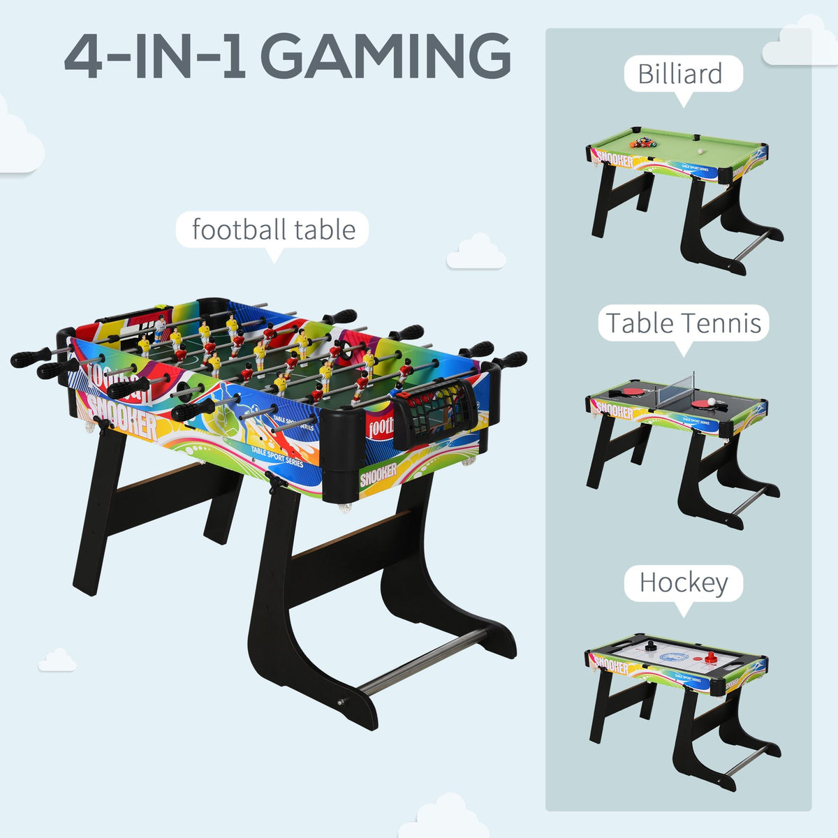HOMCOM 4-in-1 gaming table shown as foosball, billiards, table tennis, and hockey