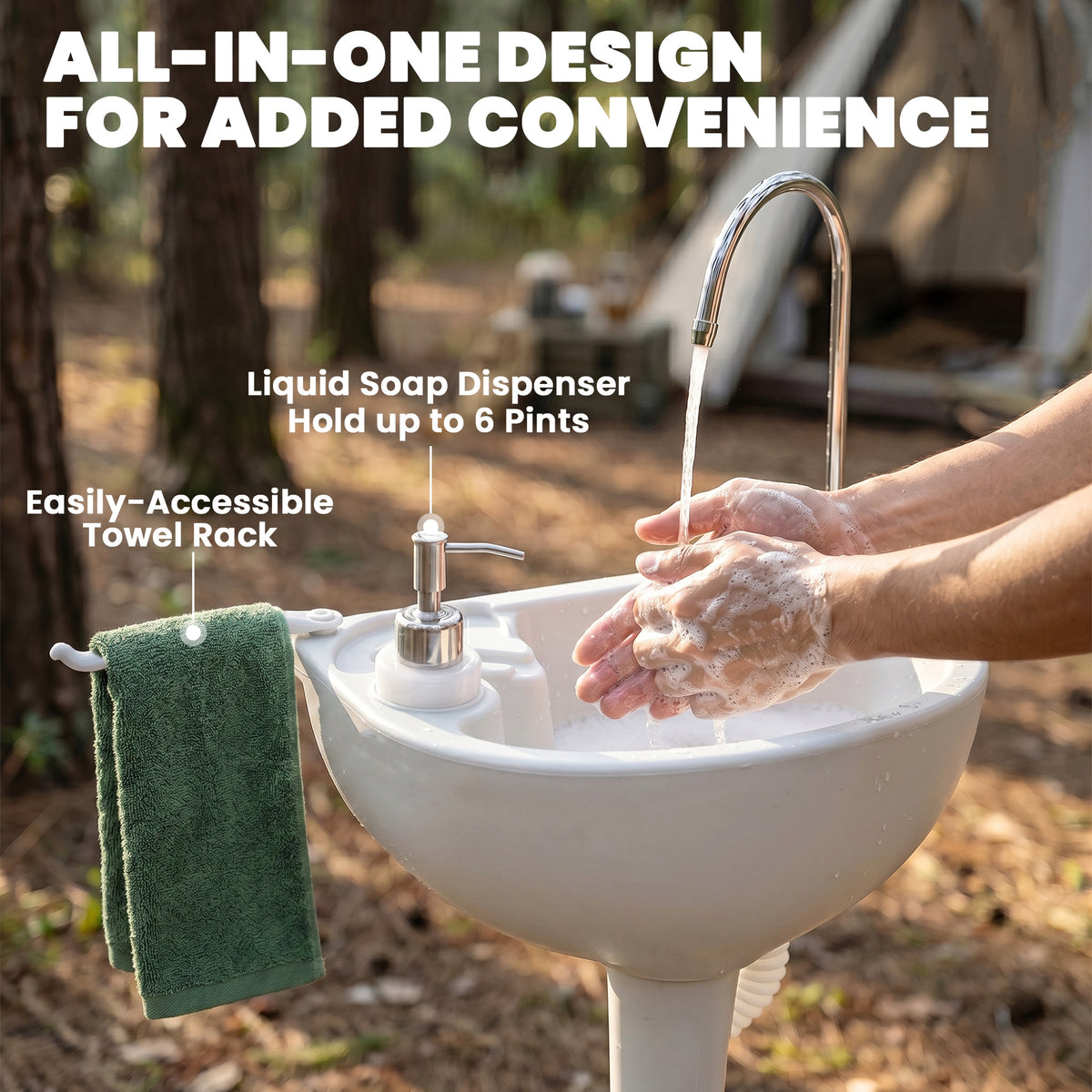 Outsunny camping sink basin with curved faucet, liquid soap dispenser and side towel rack