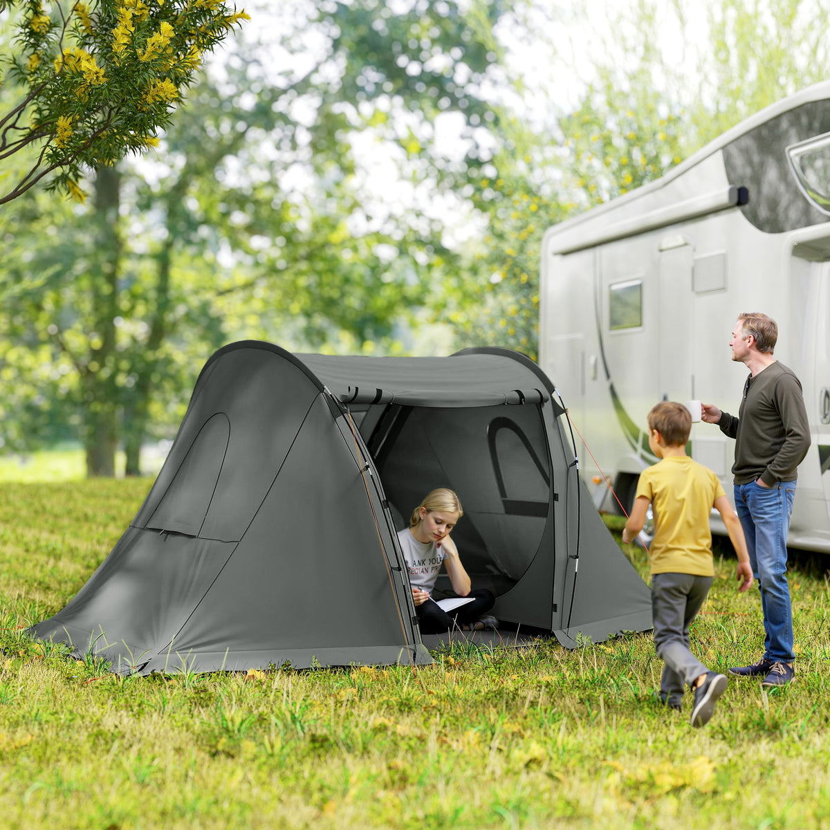 Outsunny 3 Man Camping Tent with Living Area and 2 Bedrooms, 3000mm Waterproof Family Tent with Sewn-in Groundsheet and bag, Portable Dome Shelter for Hiking, Festival, Backpacking, Drak Grey