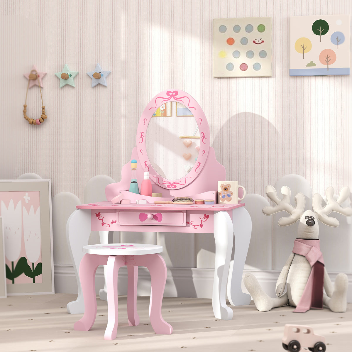 AIYAPLAY Kids Dressing Table Set, Vanity Table with Stool, Mirror, Drawer, Desktop, Storage, Ballet-Theme, Pink
