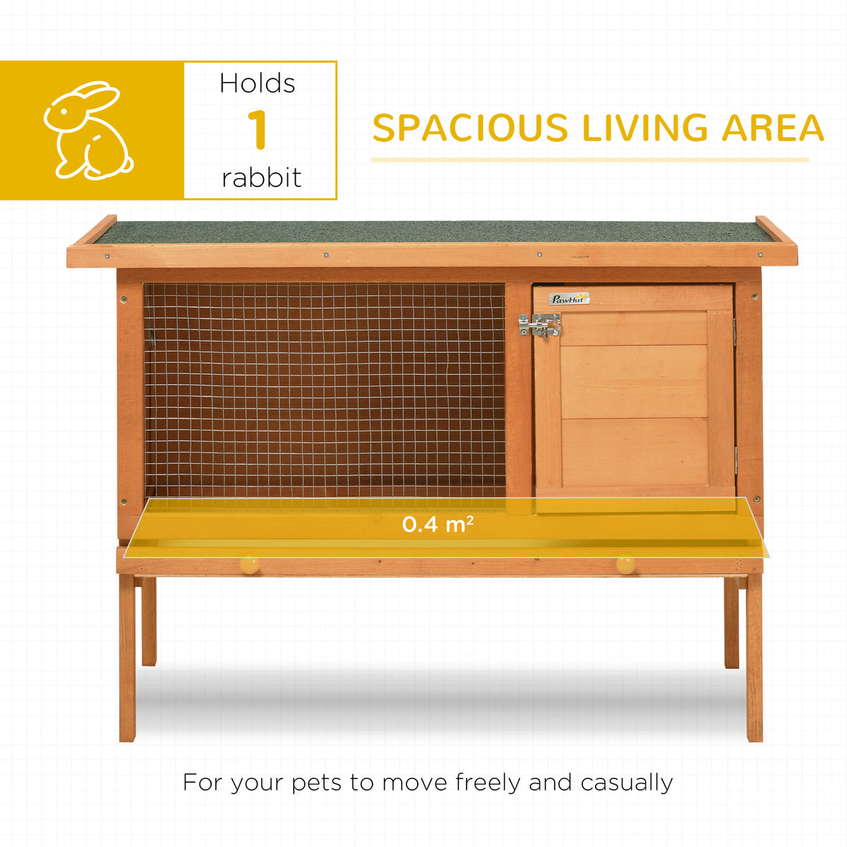 PawHut rabbit hutch with mesh living area and enclosed compartment, shown with 0.4 m² floor space
