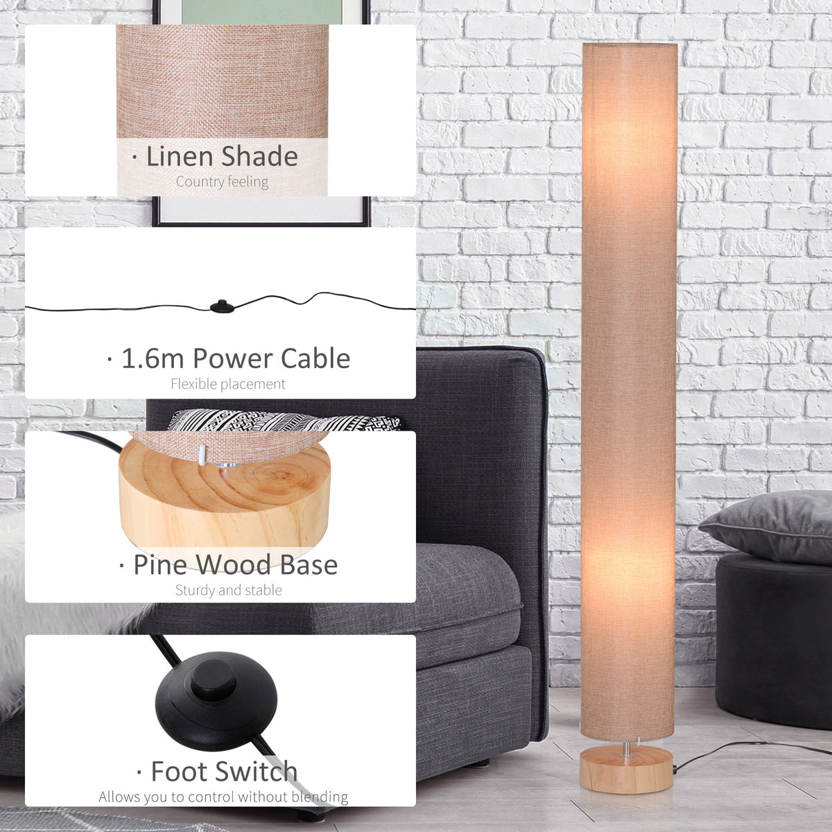 HOMCOM floor lamp with linen shade, pine wood base, power cable, and foot switch.
