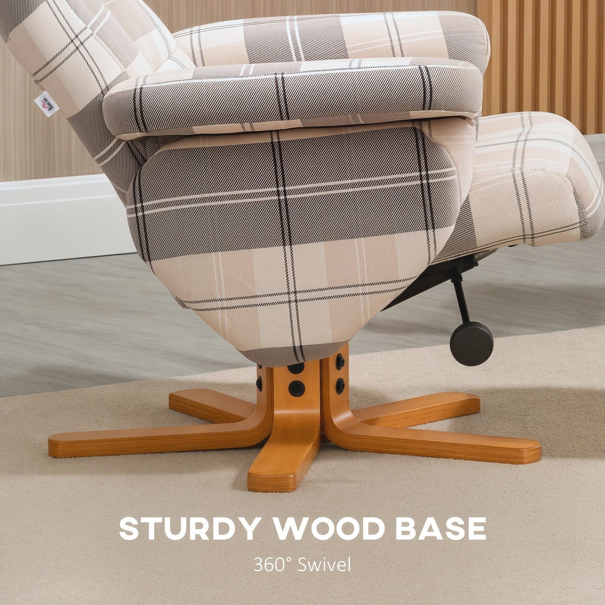 HOMCOM plaid recliner side view showing the wooden swivel base and adjustment lever