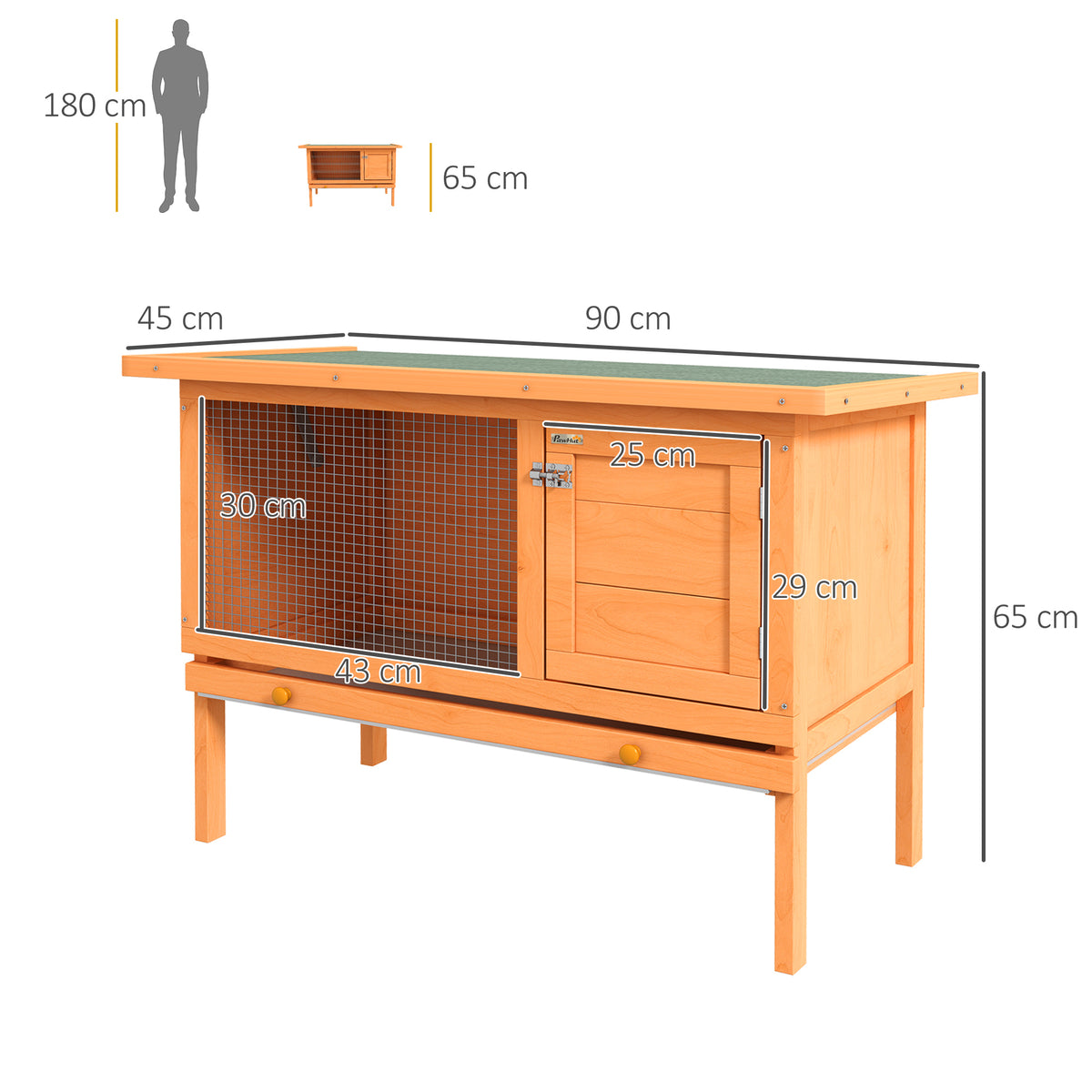 PawHut rabbit hutch with dimensions shown: 90 cm wide, 45 cm deep and 65 cm high