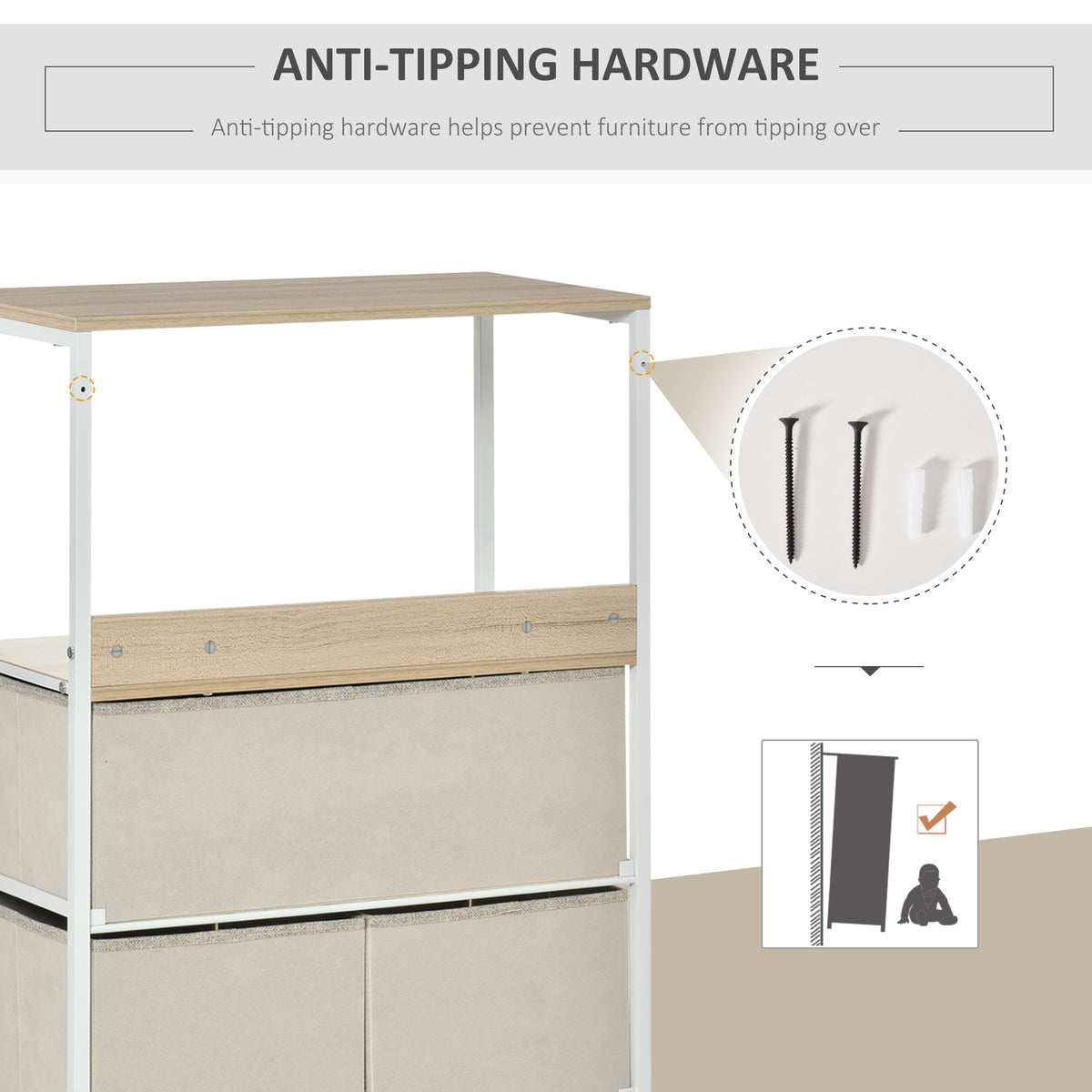 Storage cabinet rear view with anti-tip hardware and white metal frame