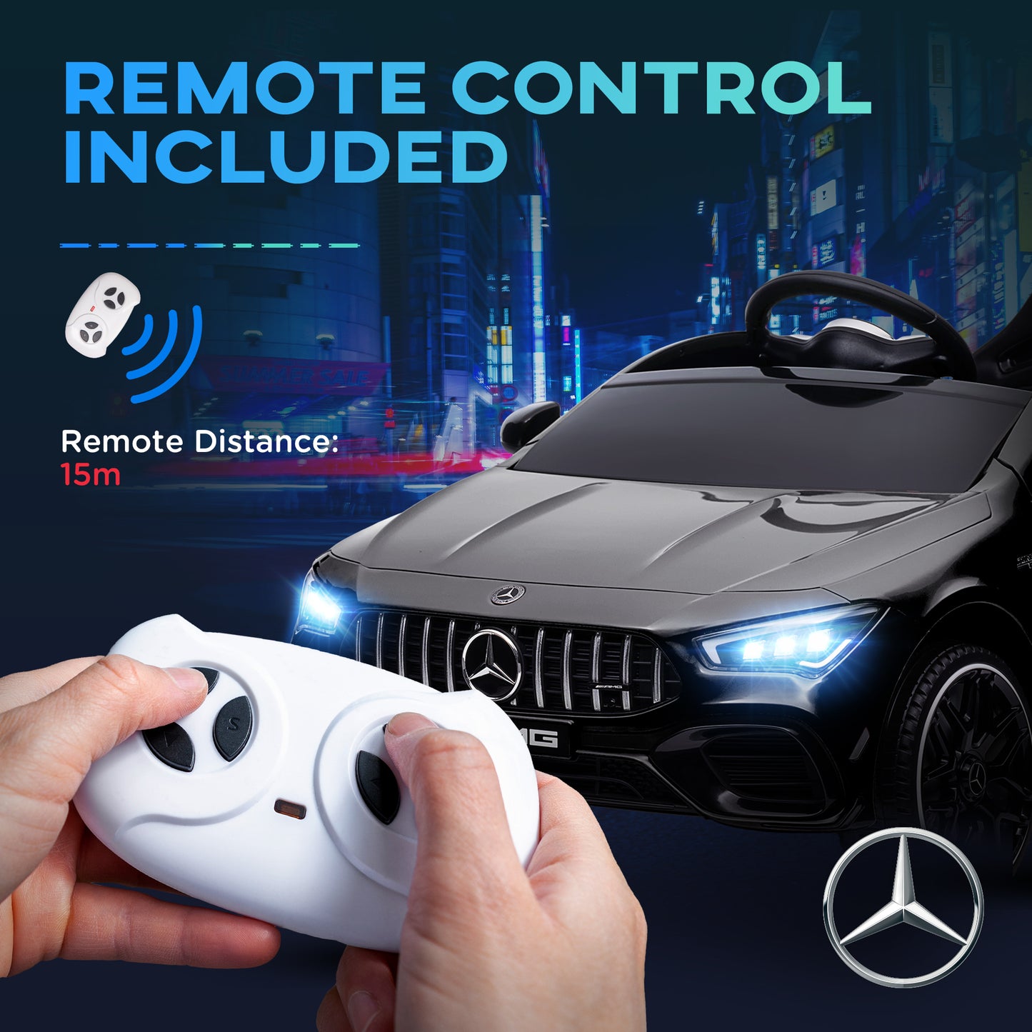 Black Mercedes-Benz AMG CLA 45 ride-on car with white remote control