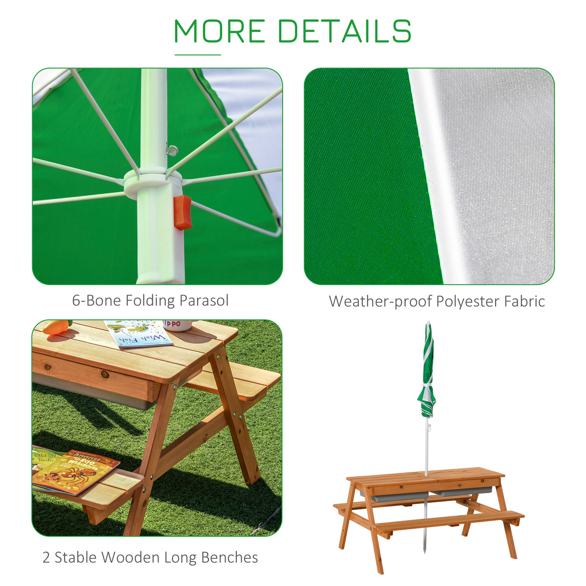 Outsunny picnic table details showing parasol frame, fabric, wooden benches and folded parasol