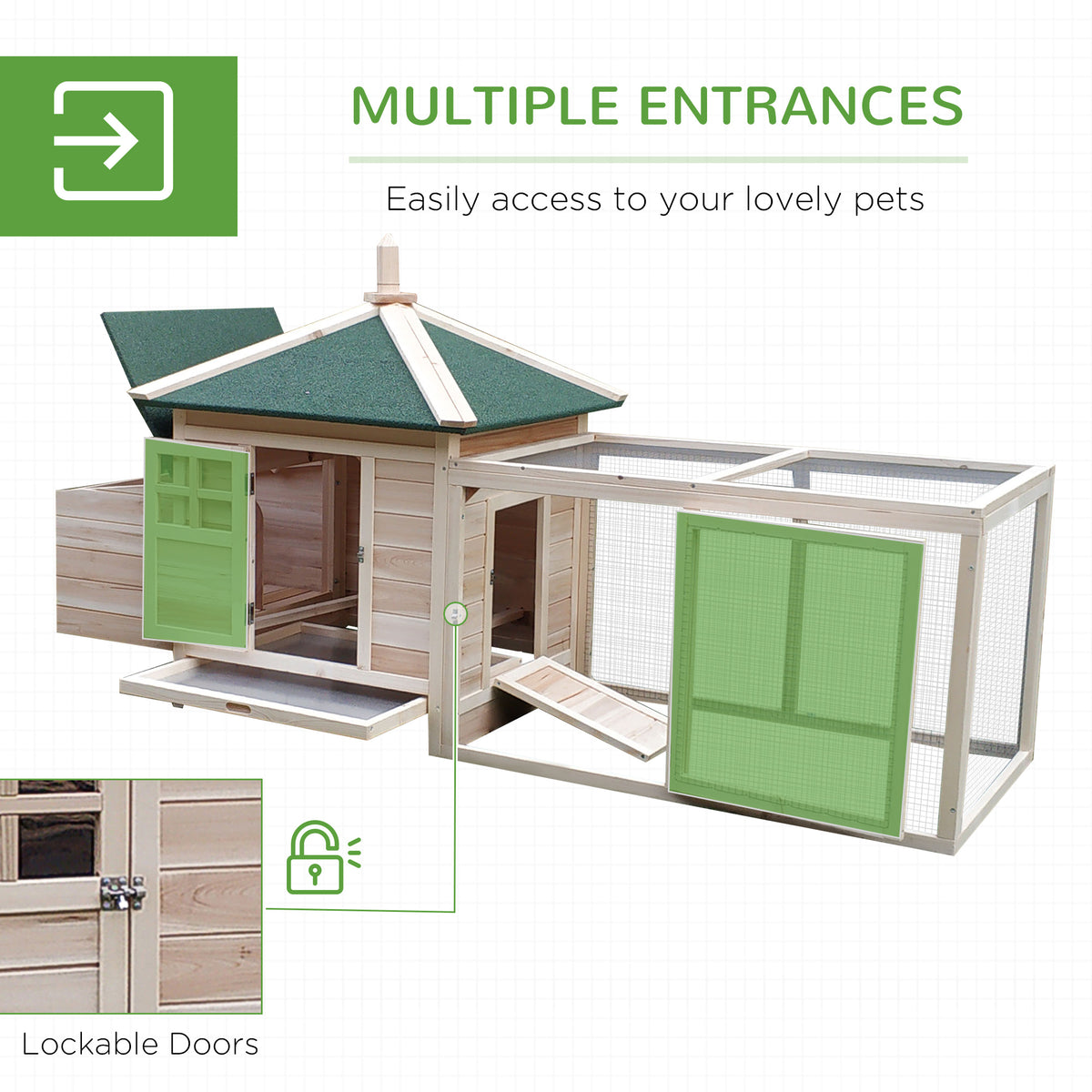 Wooden chicken coop with multiple access doors and attached wire run