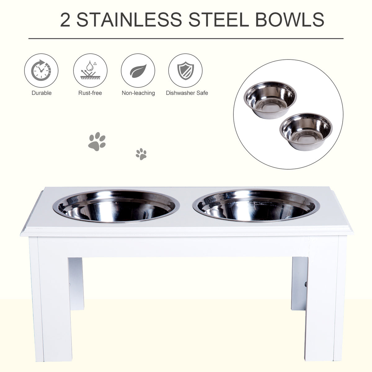 White raised dog feeder with two stainless steel bowls, shown with removable bowl detail.