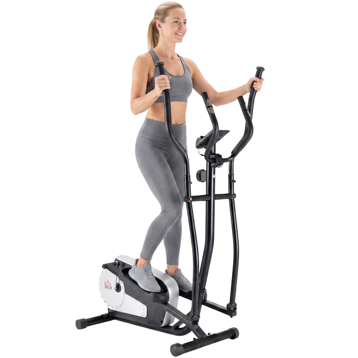 HOMCOM elliptical cross trainer shown in use with moving handles and foot pedals