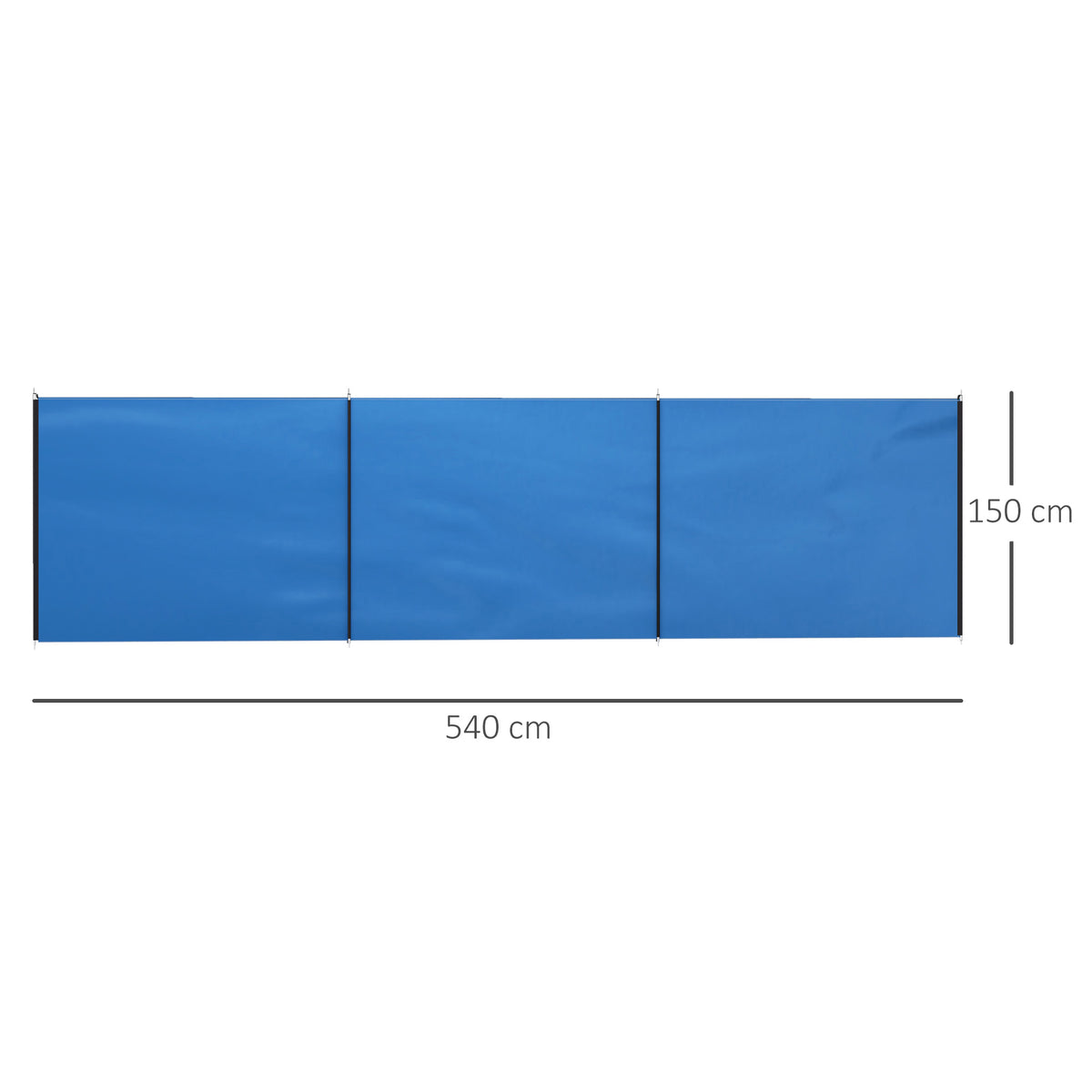 Blue three-panel camping windbreak, 540 cm wide and 150 cm high