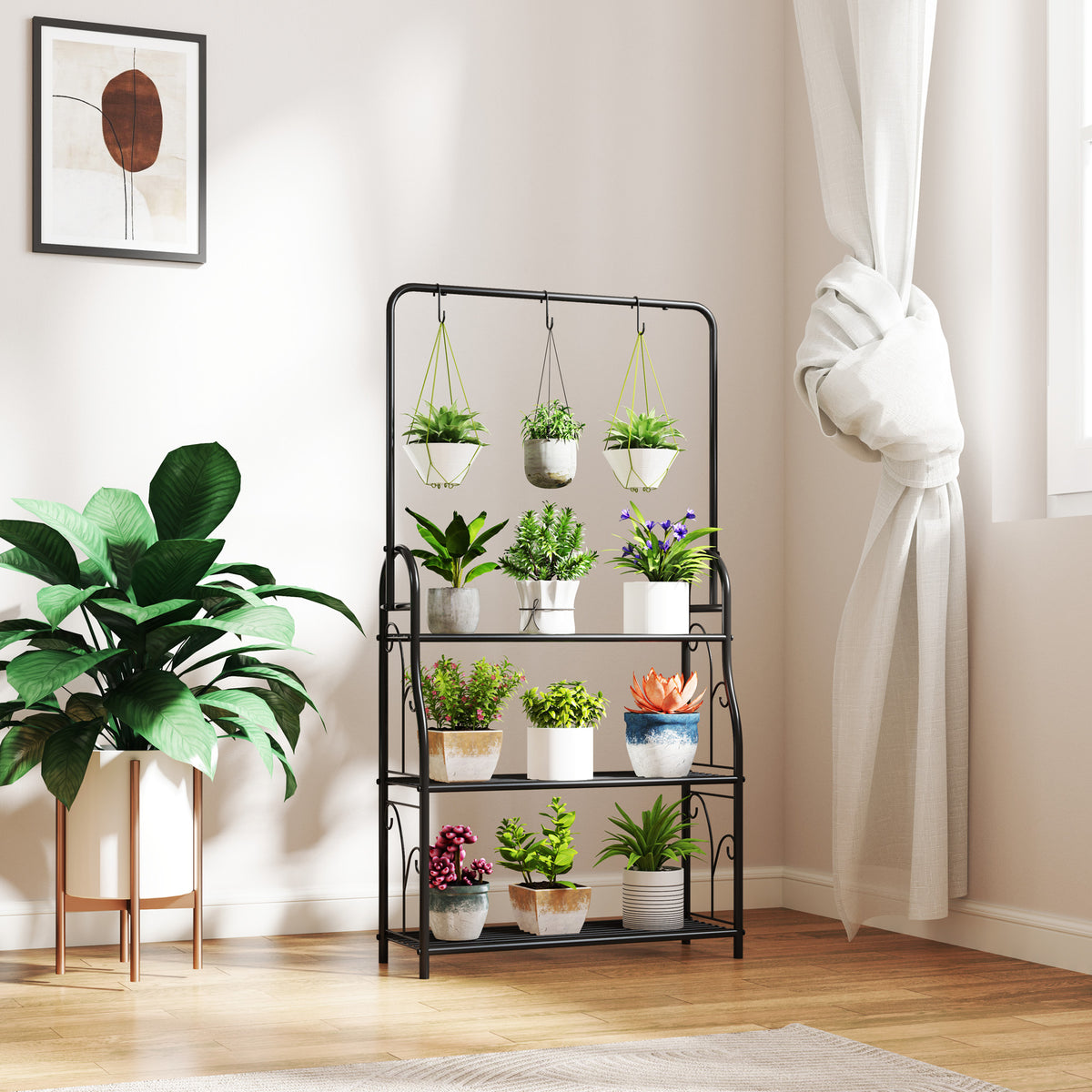 Outsunny three-tier plant stand with hanging hooks displayed indoors