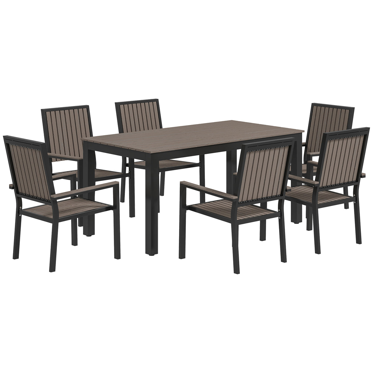 Outsunny six-seat garden dining set with rectangular brown table and six slatted chairs