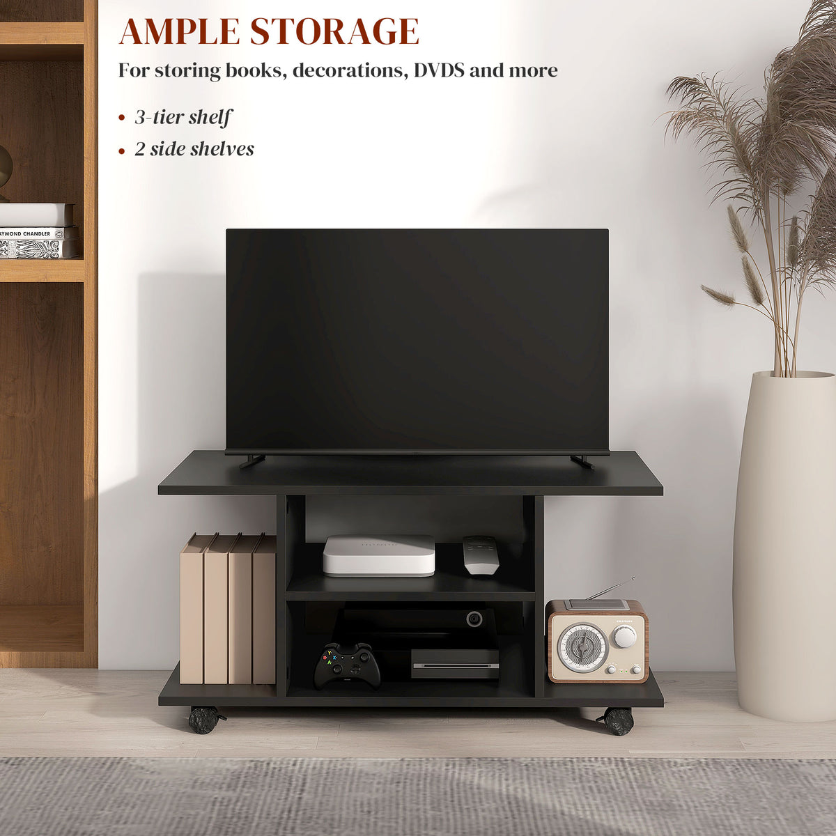 Black TV stand with three-tier central shelves and two side compartments