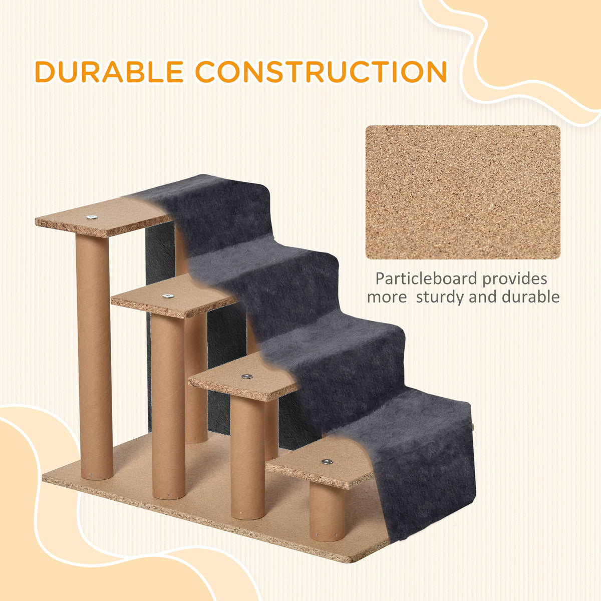 Dark gray plush pet stairs with particleboard steps and a sturdy base