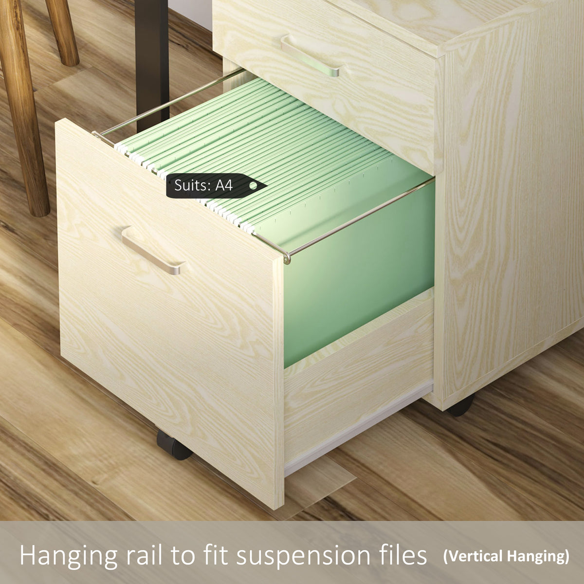 Oak grain filing cabinet with an open drawer and hanging rails for A4 suspension files