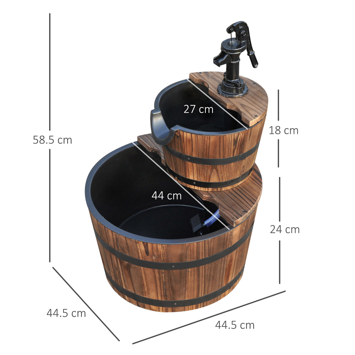 Two-tier wooden water pump fountain with basin dimensions marked