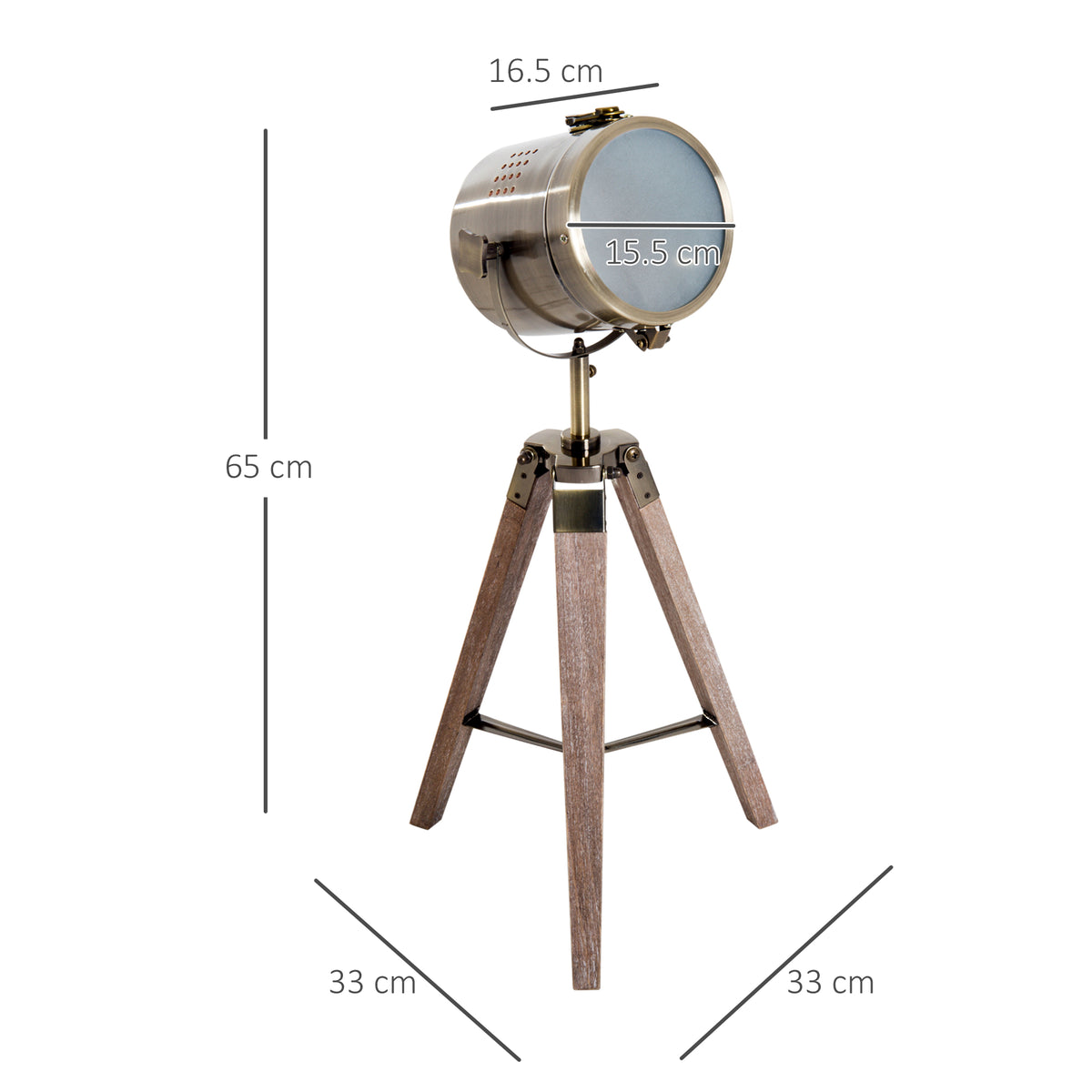 HOMCOM tripod table lamp with metal spotlight head and wooden legs, dimensions shown
