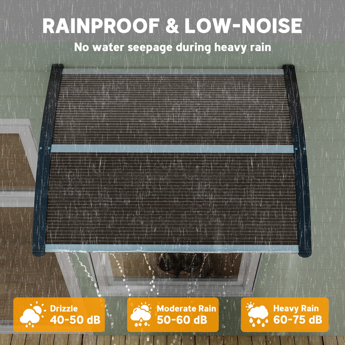 Brown polycarbonate door canopy shown from above in heavy rain.