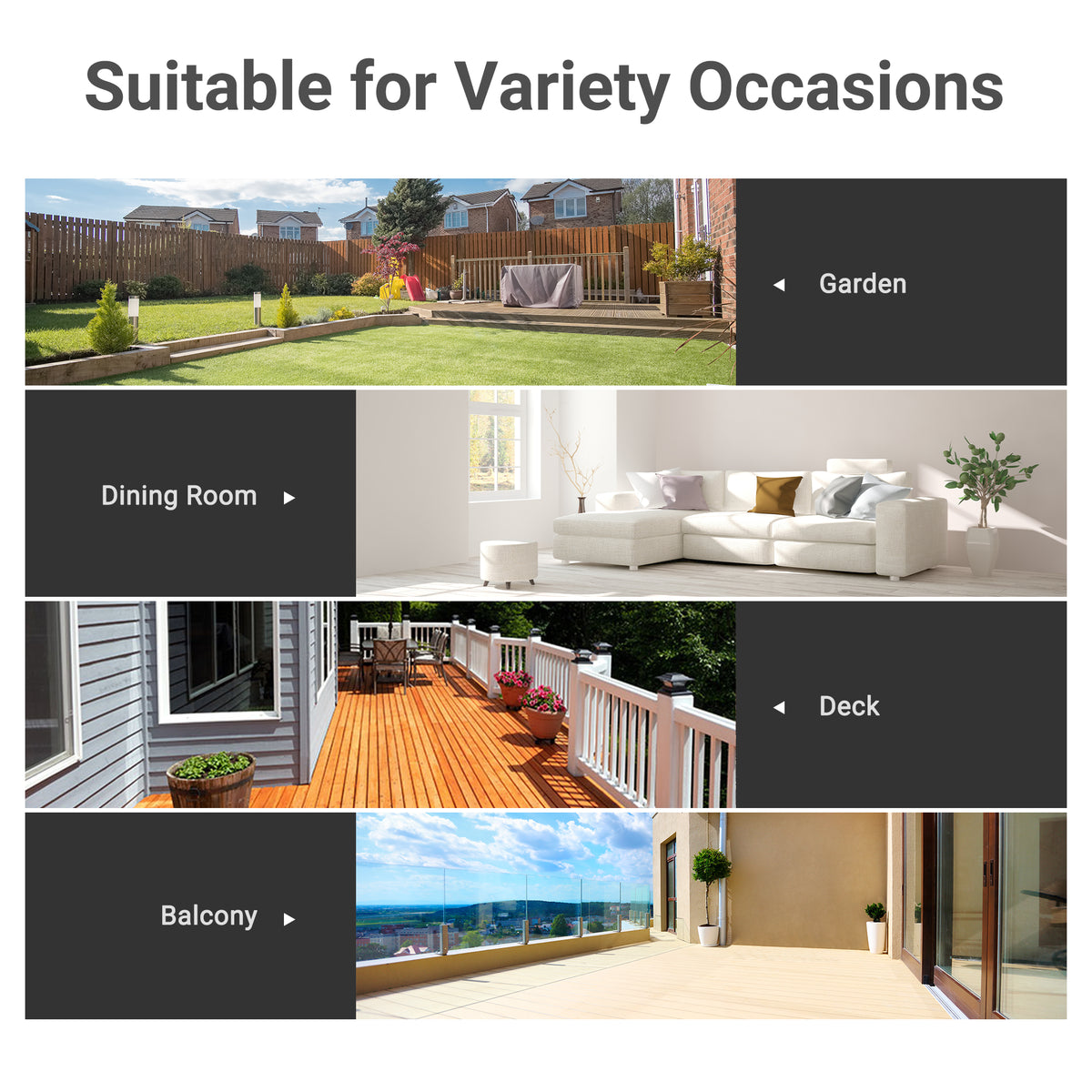 Outsunny square garden table shown in garden, dining room, deck, and balcony settings