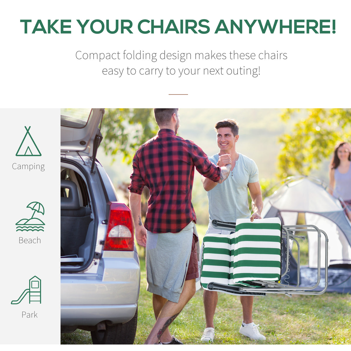 Folded green and white striped sun loungers with metal frames, carried together