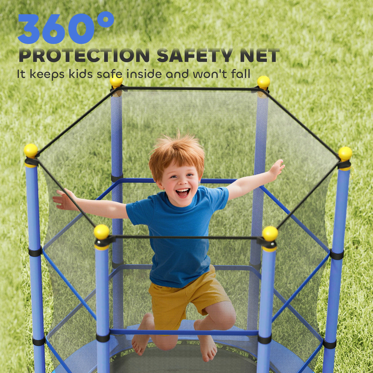Blue kids trampoline with full mesh safety enclosure and padded support poles