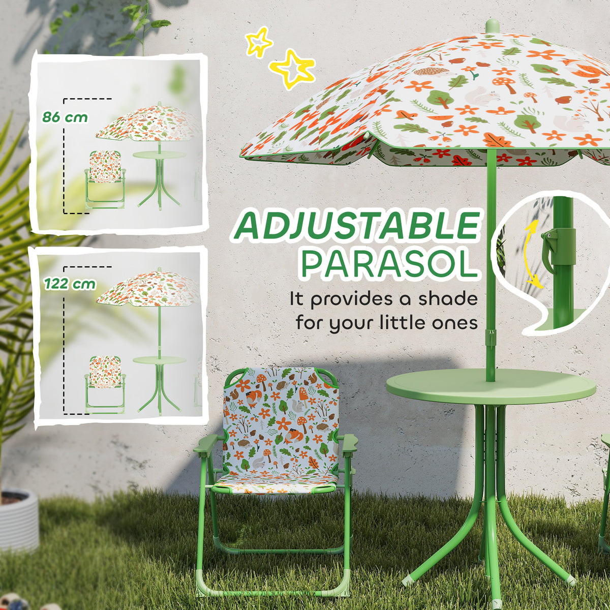 AIYAPLAY 4-Piece Kids Garden Table and Chair Set with Adjustable Parasol, Folding Chairs, Table, Nature Pattern, Green