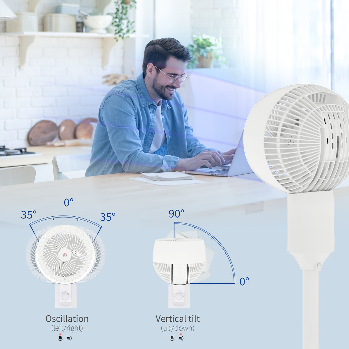 Pedestal fan with 70-degree side-to-side oscillation and 90-degree vertical tilt