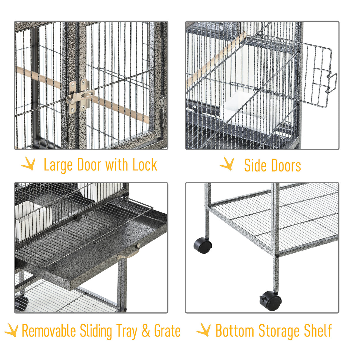 PawHut bird cage details: locking door, side doors, removable tray and bottom shelf
