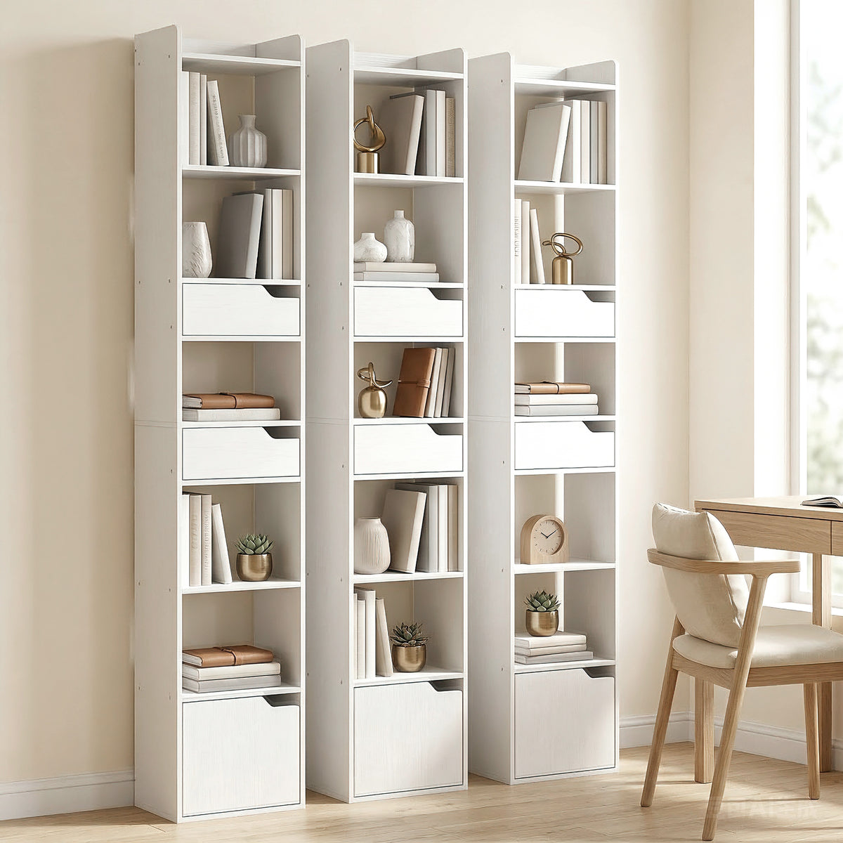 HOMCOM Bookcase Tall Narrow with 5 Tiers and Drawers Freestanding Bookshelf Storage Cabinet for Living Room White Wood Effect