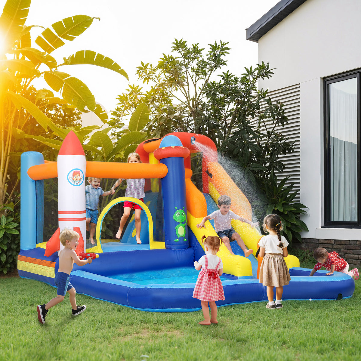 AIYAPLAY 5 in 1 Bouncy Castle for Children with 550W Blower, Water Slide, Splash Pool, Jumping Area, Climbing Wall, Cannon