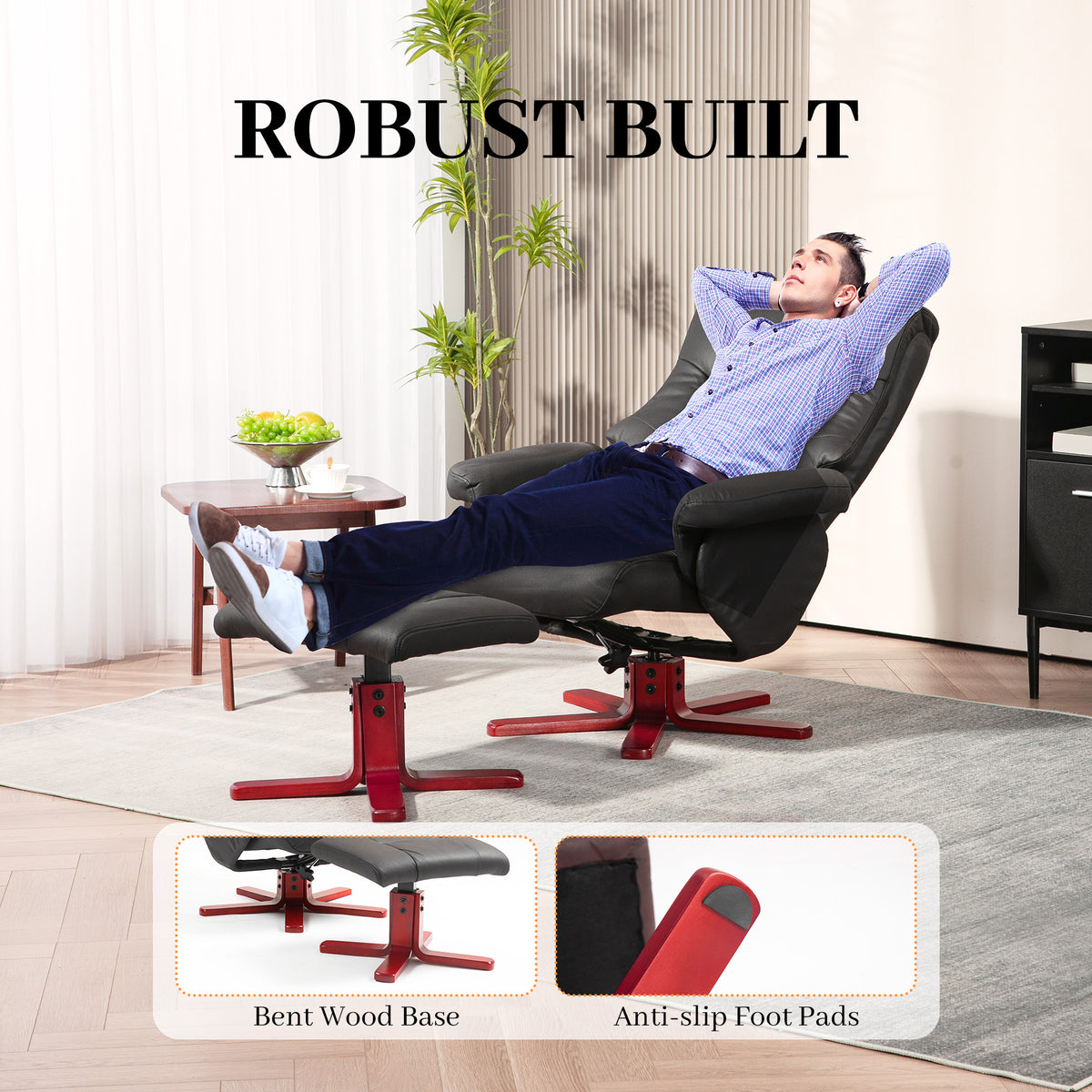 Recliner chair and footstool set shown fully extended, with bent wood base and anti-slip foot pads