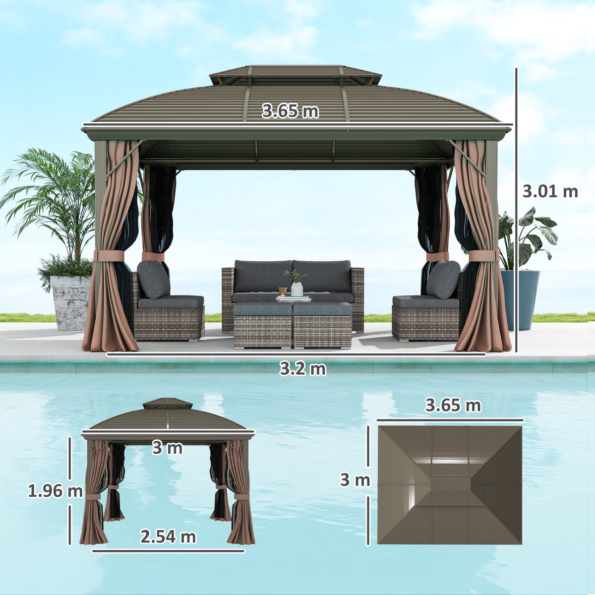 Outsunny hardtop gazebo with double roof and curtains, with dimensions shown