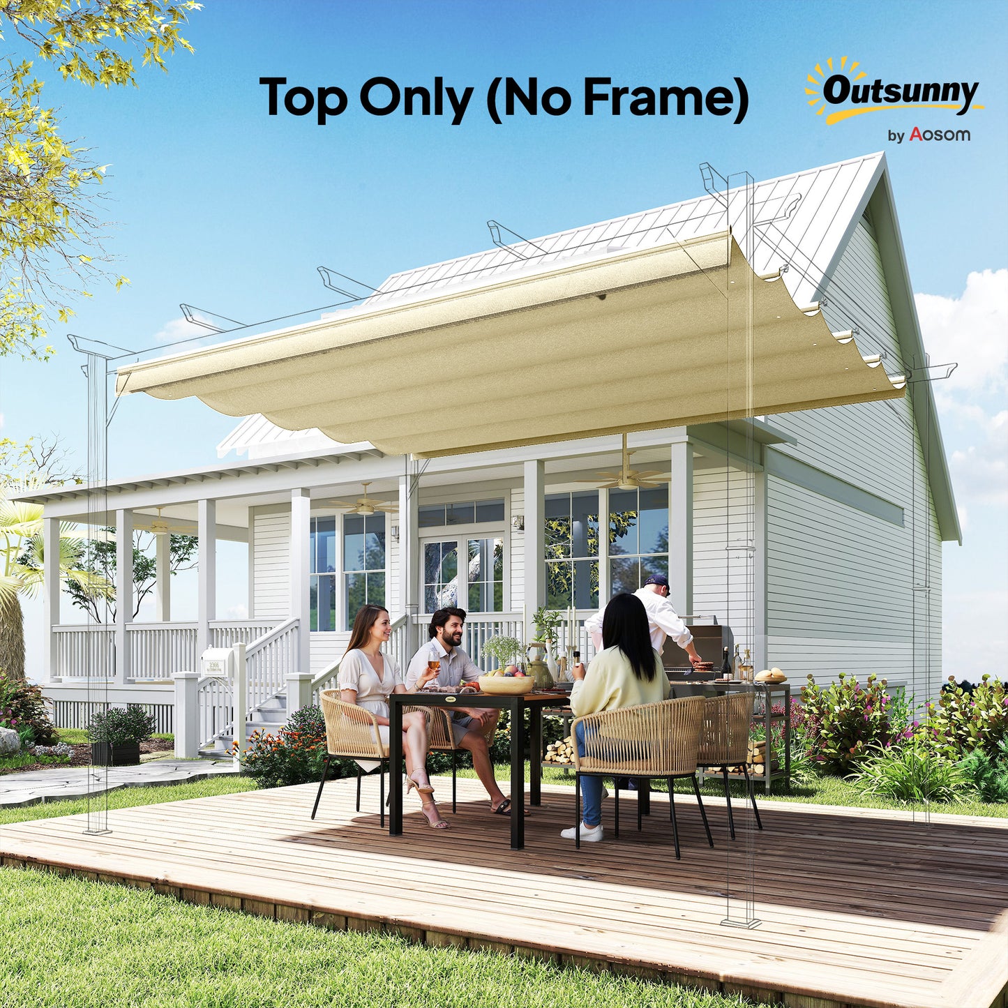 Outsunny Retractable Pergola Cover, 3.5 x 2.6 m Replacement Canopy Fabric for 4 x 3 m Frame, Roof Top Only, Cream White