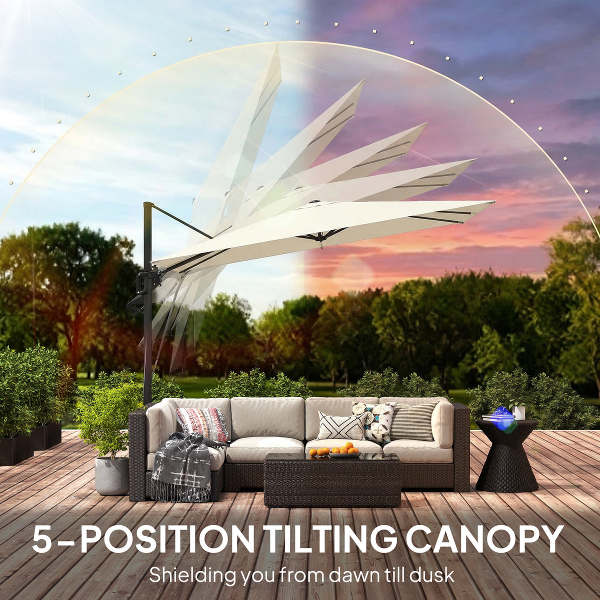 Outsunny 3 x 3 m Garden Cantilever Parasol w/ Light, Cover, UPF50+ Patio Umbrella w/ Wind Protection, 360° Rotation, Cream White