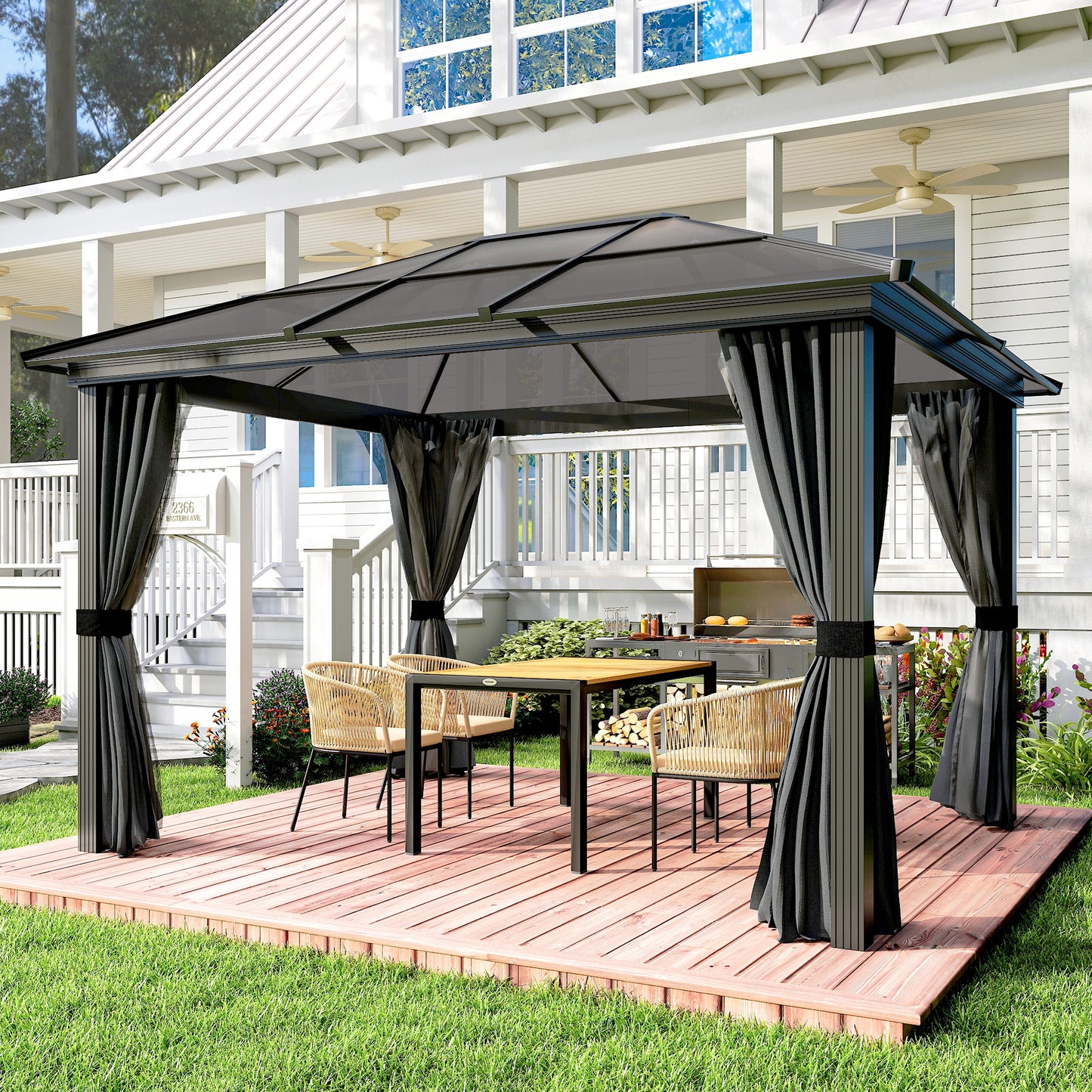 Outsunny 3 x 3.6m Hardtop Gazebo Canopy with Polycarbonate Roof, Aluminium Frame, Permanent Pavilion Garden Gazebo with Netting and Curtains for Patio, Deck, Dark Grey