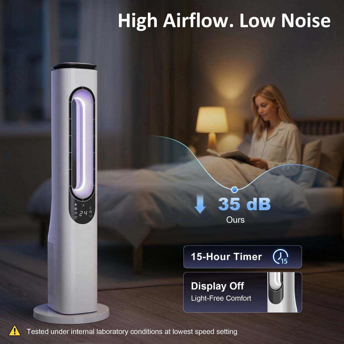 HOMCOM Bladeless Tower Fan for Bedroom, 35dB Standing Cooling Fan with Oscillating, LED Lights, 3 Speeds, 15H Timer, White