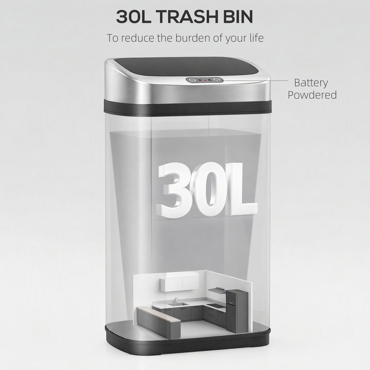 30L stainless steel bin with closed sensor lid and black base