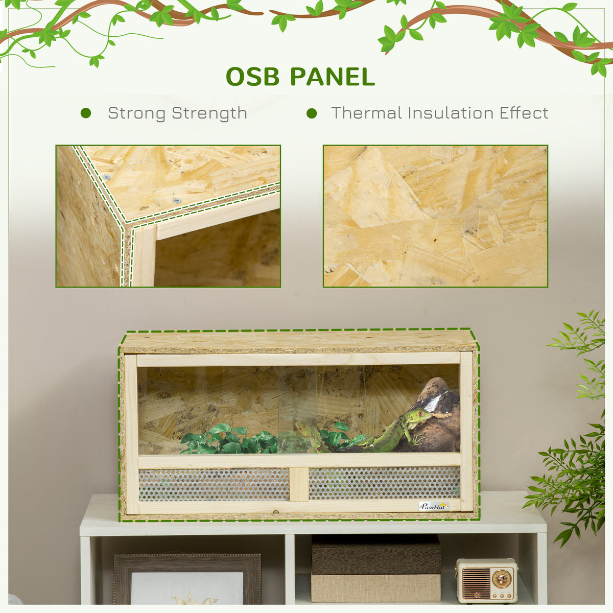 PawHut reptile terrarium featuring OSB panel construction and a ventilated front