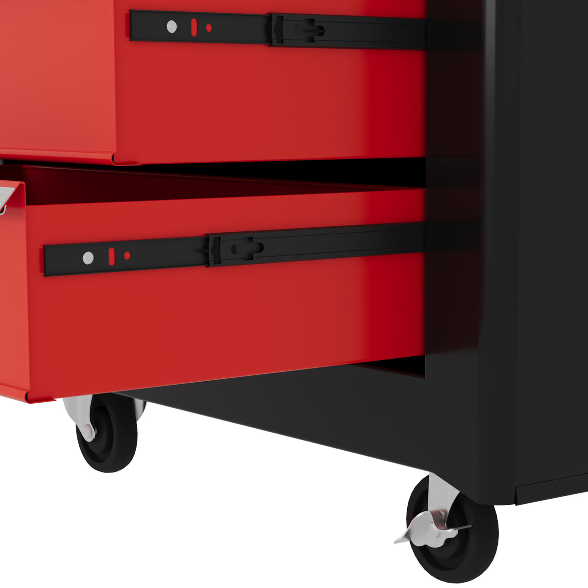 HOMCOM tool chest close-up showing drawer slides and caster wheels