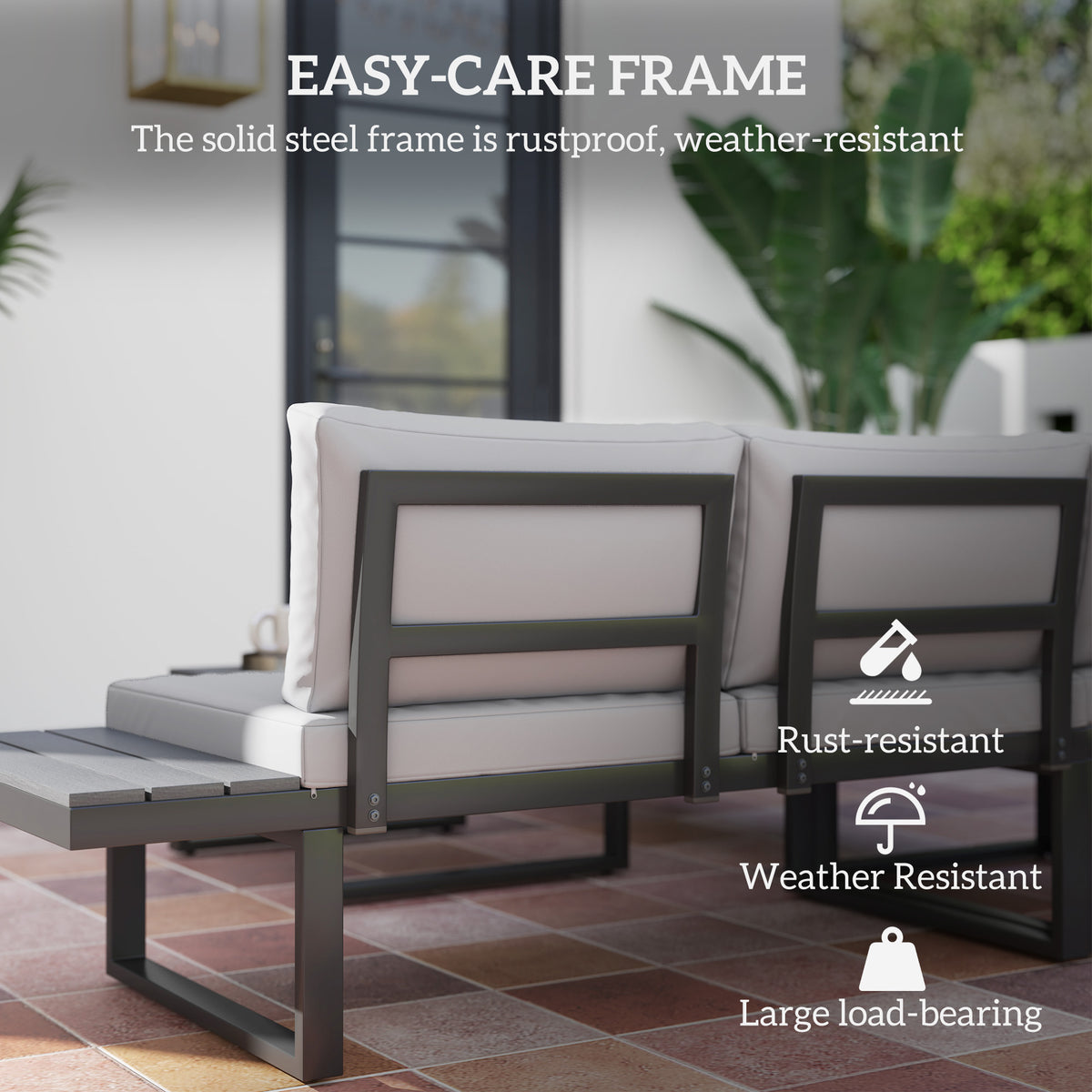Outsunny 4 Pieces Garden Furniture Set, 5-Level Reclining Garden Corner Sofa Set, Outdoor Lounge Conversation Sectional with Cushions, Wood Effect Plastic Table, Black Frame & Light Grey Cushion