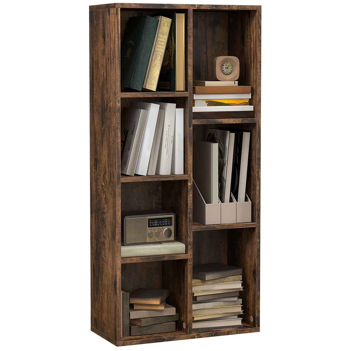 Rustic brown seven-cube bookcase shown storing books, binders, and small items.