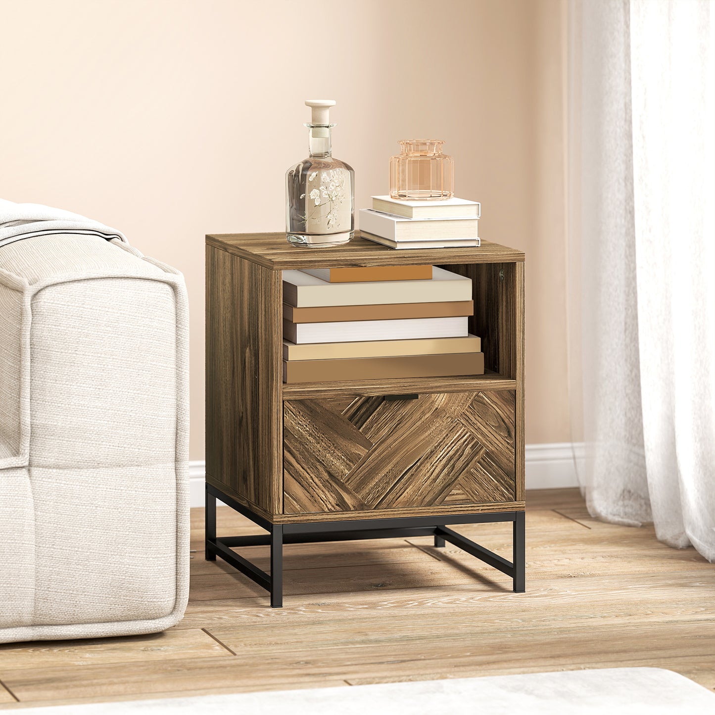 HOMCOM brown wood-effect bedside table with open shelf, patterned drawer, and steel legs