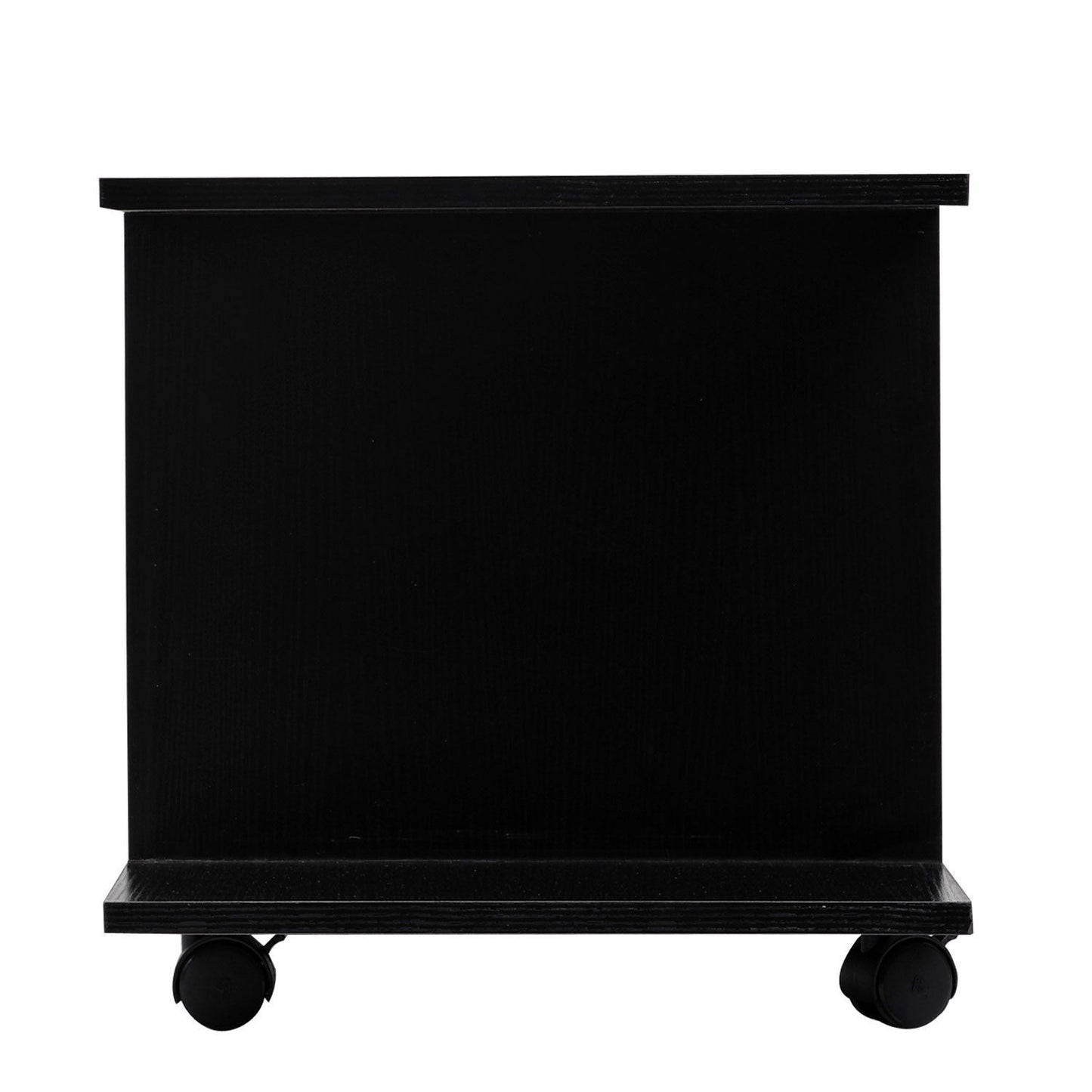 Rear view of black TV stand showing its solid back panel and two caster wheels