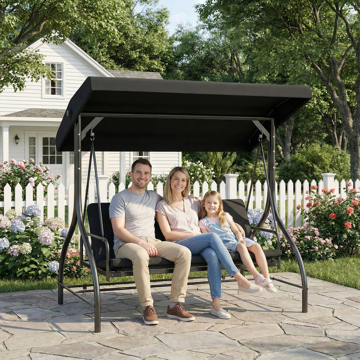 Outsunny 3 Seater Canopy Swing Chair, 2 in 1 Garden Swing Seat Bed, with Adjustable Canopy and Metal Frame, Black