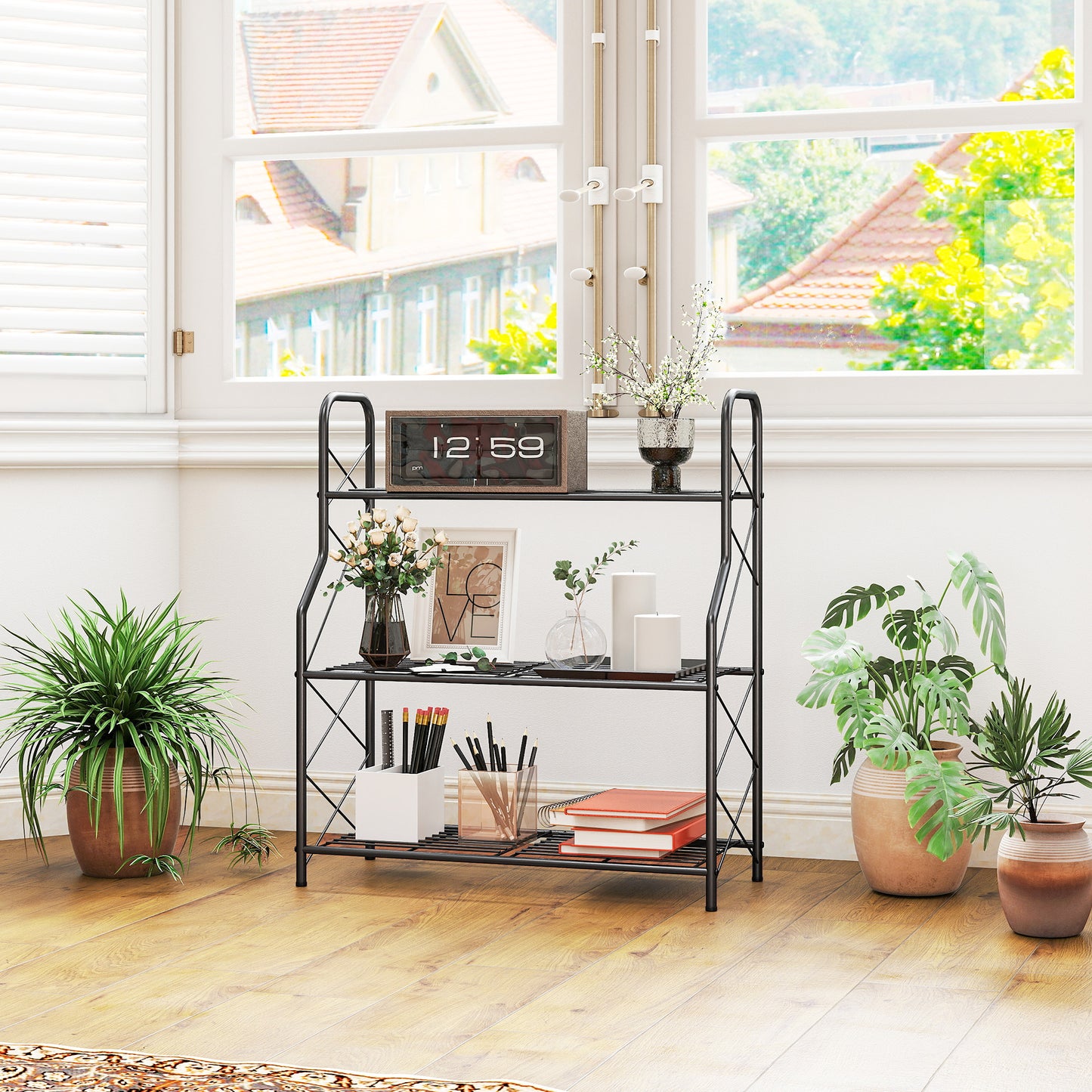 Outsunny 3-Tier Metal Plant Stand, Heavy Duty Ladder Shelf Potted Plants Display Rack, Indoor Outdoor Flower Pot Holder
