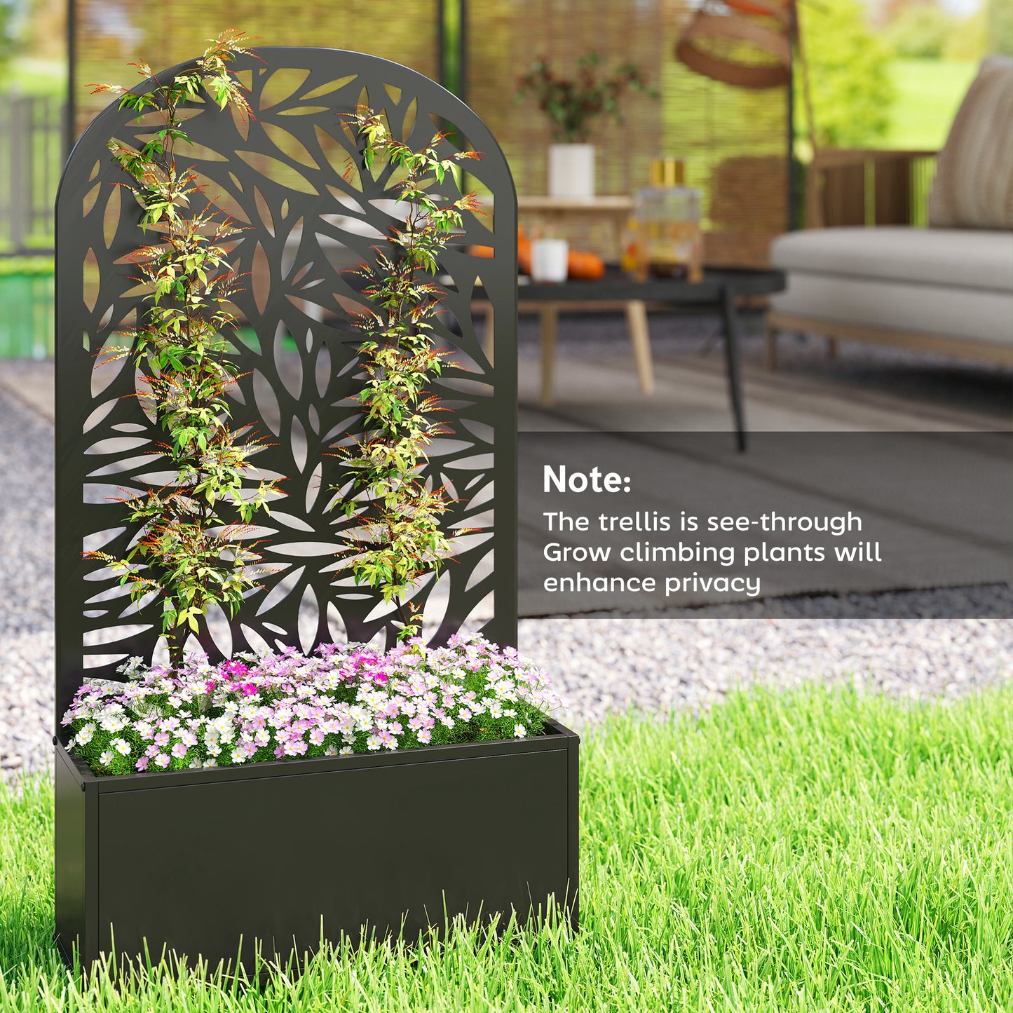 Outsunny Metal Garden Bed for Garden with Trellis, Wall Mounted or Freestanding Raised Planter with Curved Privacy Screen