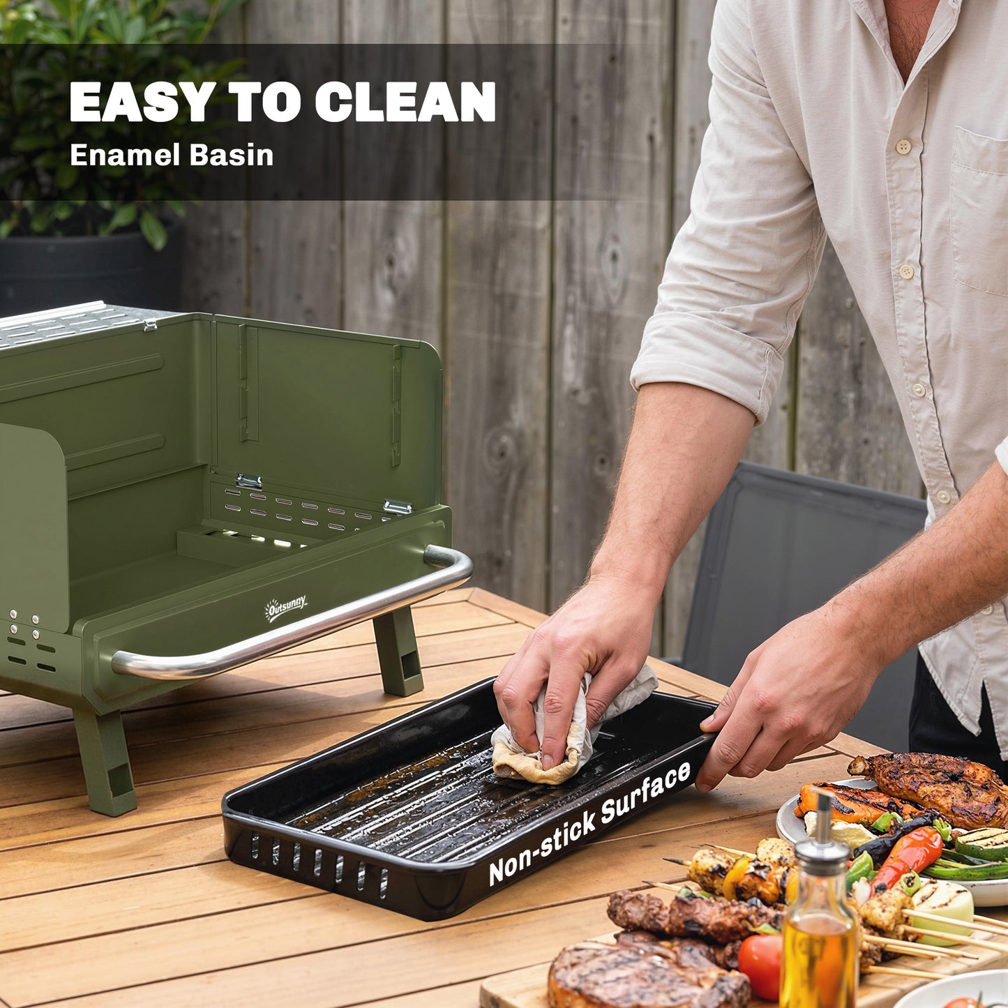 Outsunny Portable BBQ Grill, Charcoal Barbecue Grill with Adjustable Grates, Foldable Legs, Side Shelf for Camping Travel, Green
