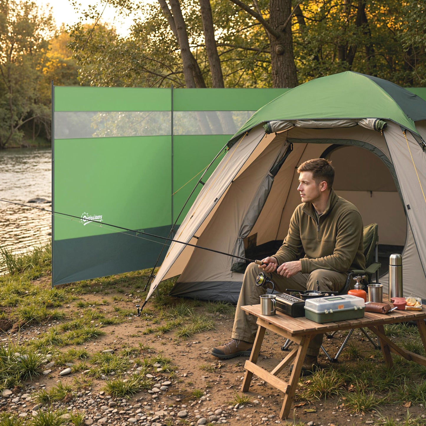 Outsunny Camping Windbreaker with Clear Windows, Carry Bag and Steel Poles, for Beach Caravan Campervan, 440 x 140cm, Army Green
