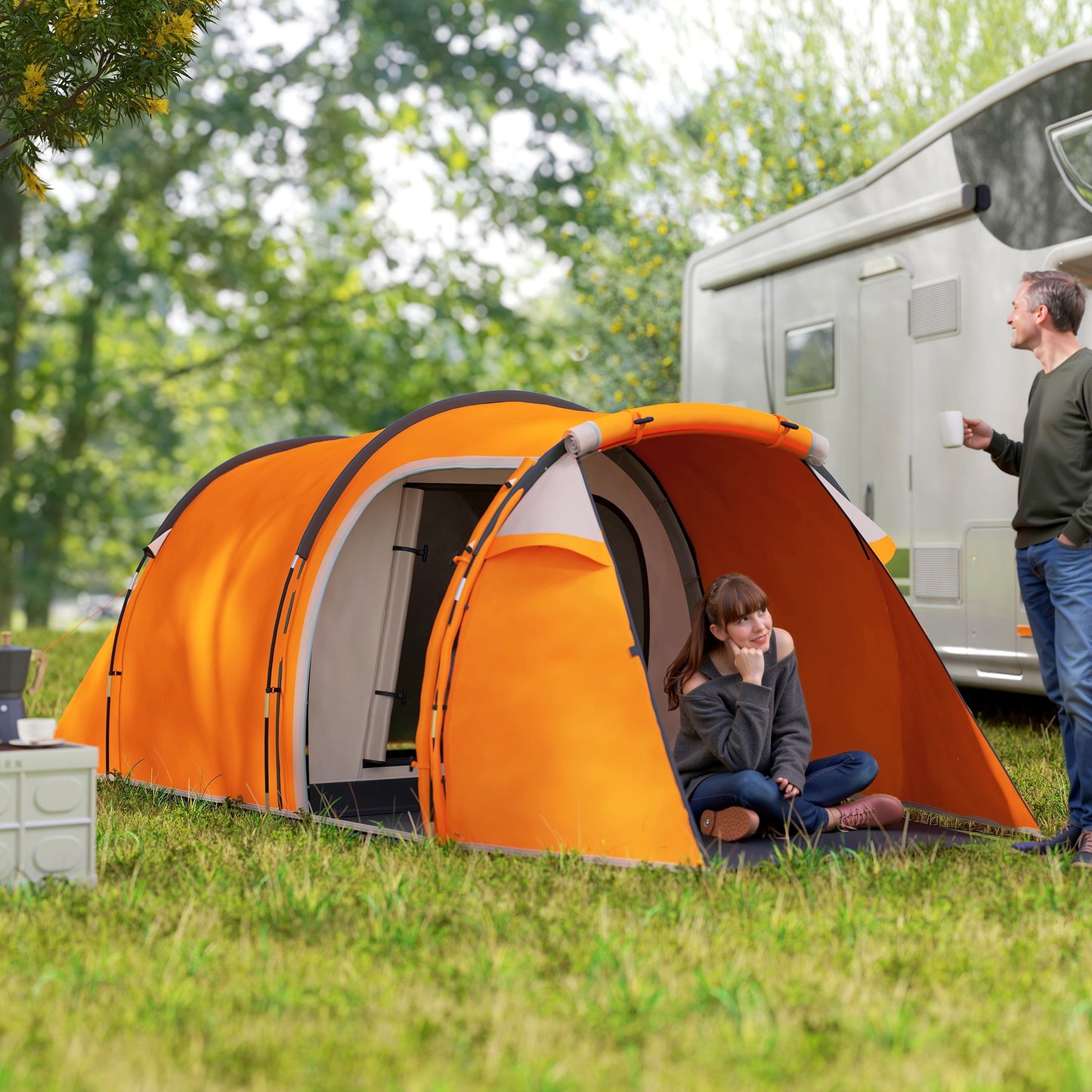 Outsunny 2 Man Tunnel Tent with Sewn-in Groundsheet, Air Vents, Rainfly, 2000mm Large Camping Tent with Bedroom, Porch, Living Area for Camping, Hiking, 426L x 206W x 154H cm, Orange